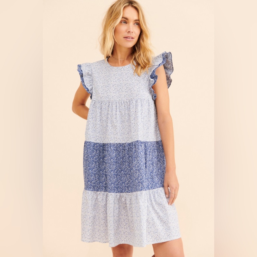 English factory blue floral tiered ruffle mini dress